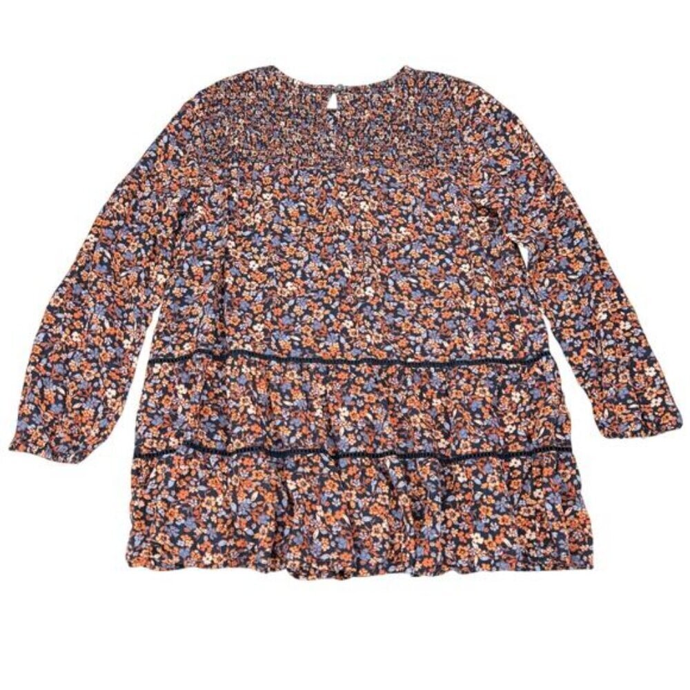 J Jill Printed Tiered Tunic Floral Size XS Navy Blue A-Line Smocked Long Sleeve - Picture 9 of 9